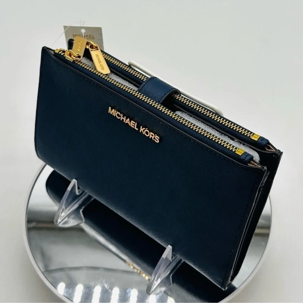 Michael Kors Large Double Zip Wallet Wristlet Navy Blue/Gold - Picture 5 of 7